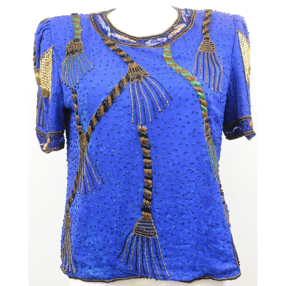 Laurenceโ Kazar XL - 100% SIlk Blue Gold Beaded Sequin Blouse Formal Evening Top